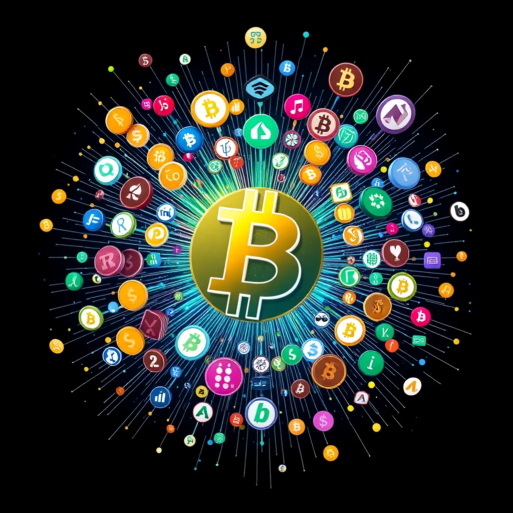 A large, golden Bitcoin symbol radiates outwards in a burst of light and energy, surrounded by a vibrant array of smaller cryptocurrency and digital icons against a black background.