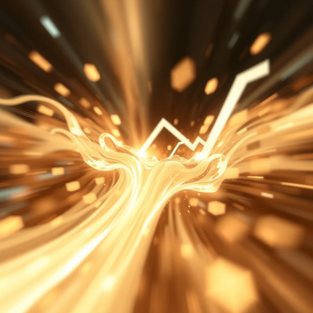 A white line graph trending upwards is emerging from a swirling vortex of golden light and energy, with streaks of light and small hexagonal shapes radiating outwards in a motion blur effect against a dark background.