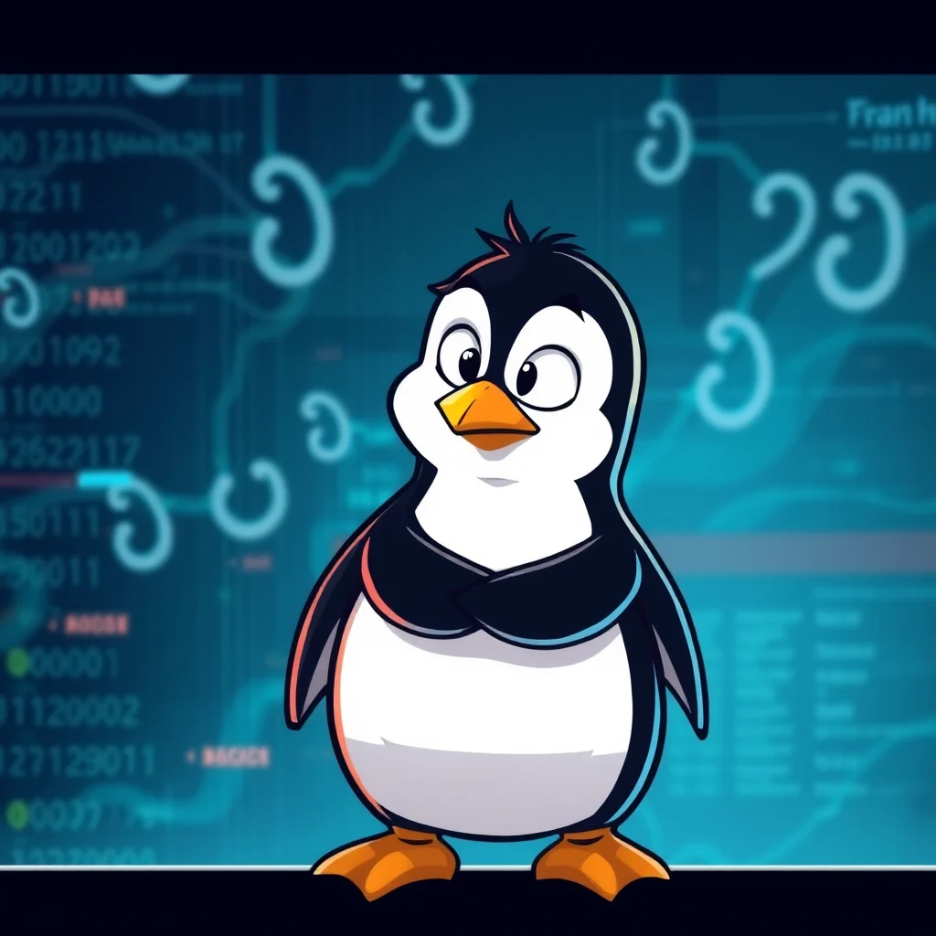 A cartoon penguin with wide eyes and its flippers crossed is standing on a black surface in front of a blue, digital background filled with lines of code and glowing curly symbols.