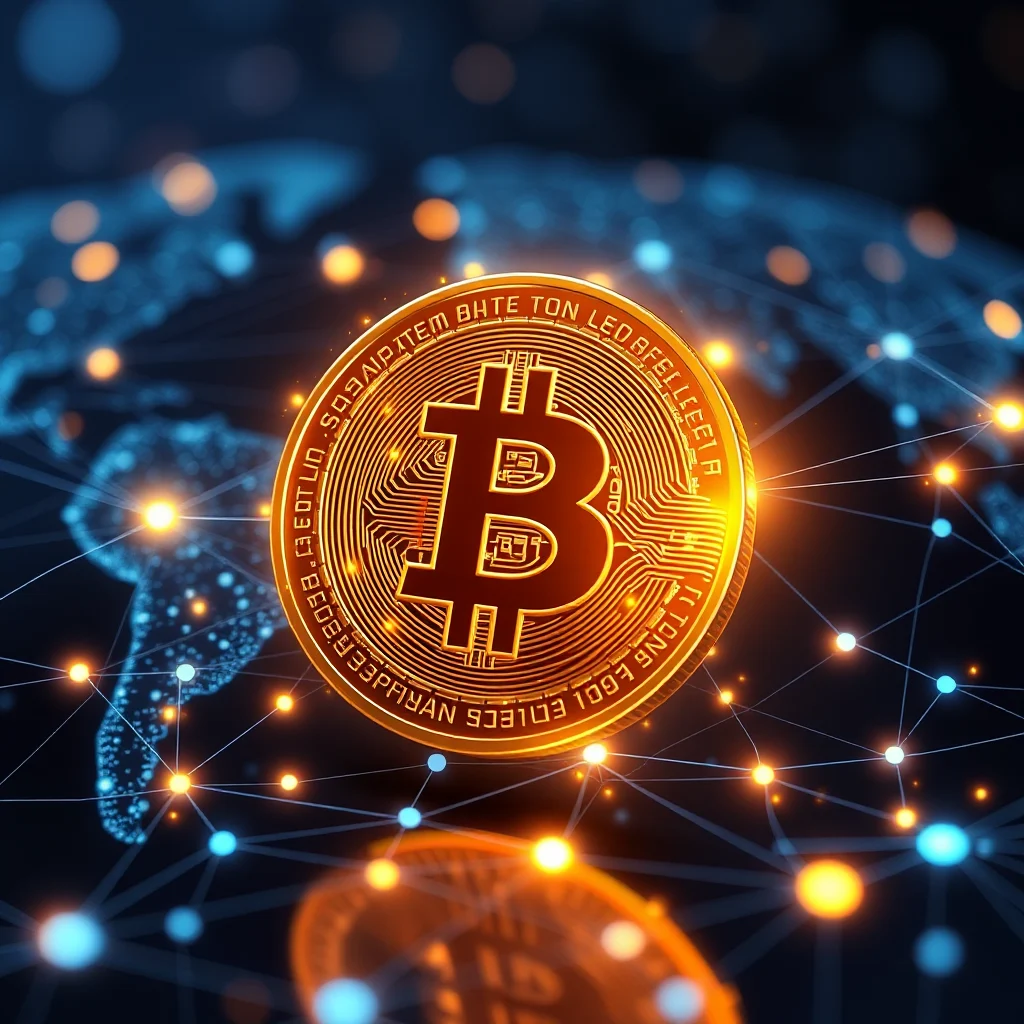 A close-up of a golden Bitcoin cryptocurrency coin with the Bitcoin symbol prominently displayed, set against a blurred background of a digital world map illuminated by glowing blue and orange nodes connected by lines, suggesting a global network and digital currency.