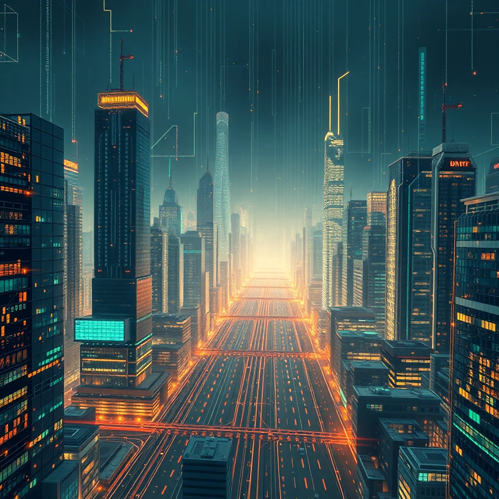 A futuristic cityscape with towering skyscrapers illuminated by glowing orange and blue lights, set against a dark teal sky. A wide, multi-lane highway stretches into the distance, bordered by illuminated lines of orange light, creating a sense of digital data flow and advanced technology. Vertical lines of light and data streams descend from the sky, suggesting a connection to a digital realm.