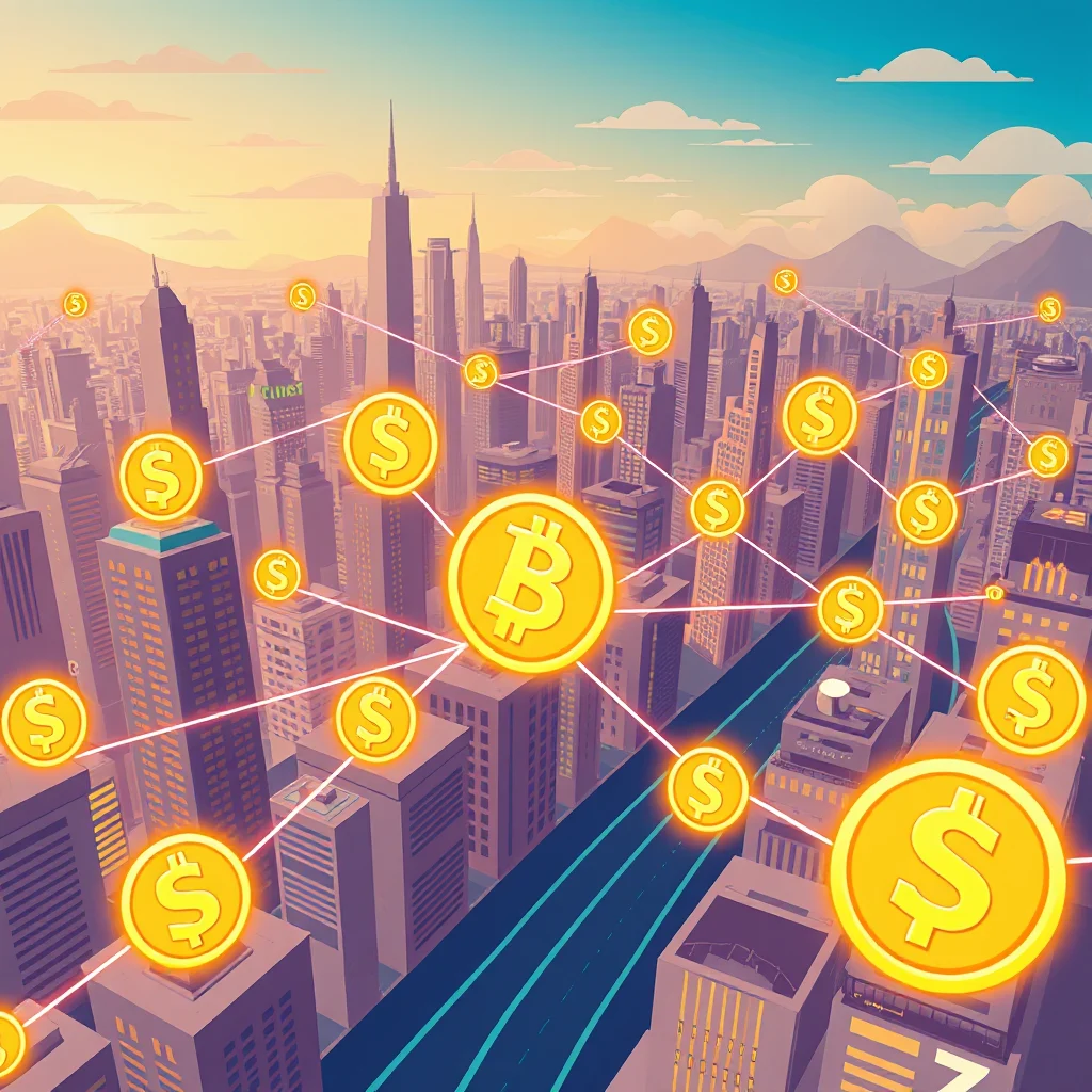 An aerial view of a stylized city skyline with numerous glowing gold coins superimposed over buildings, connected by glowing pink lines, with a large Bitcoin symbol in the center.