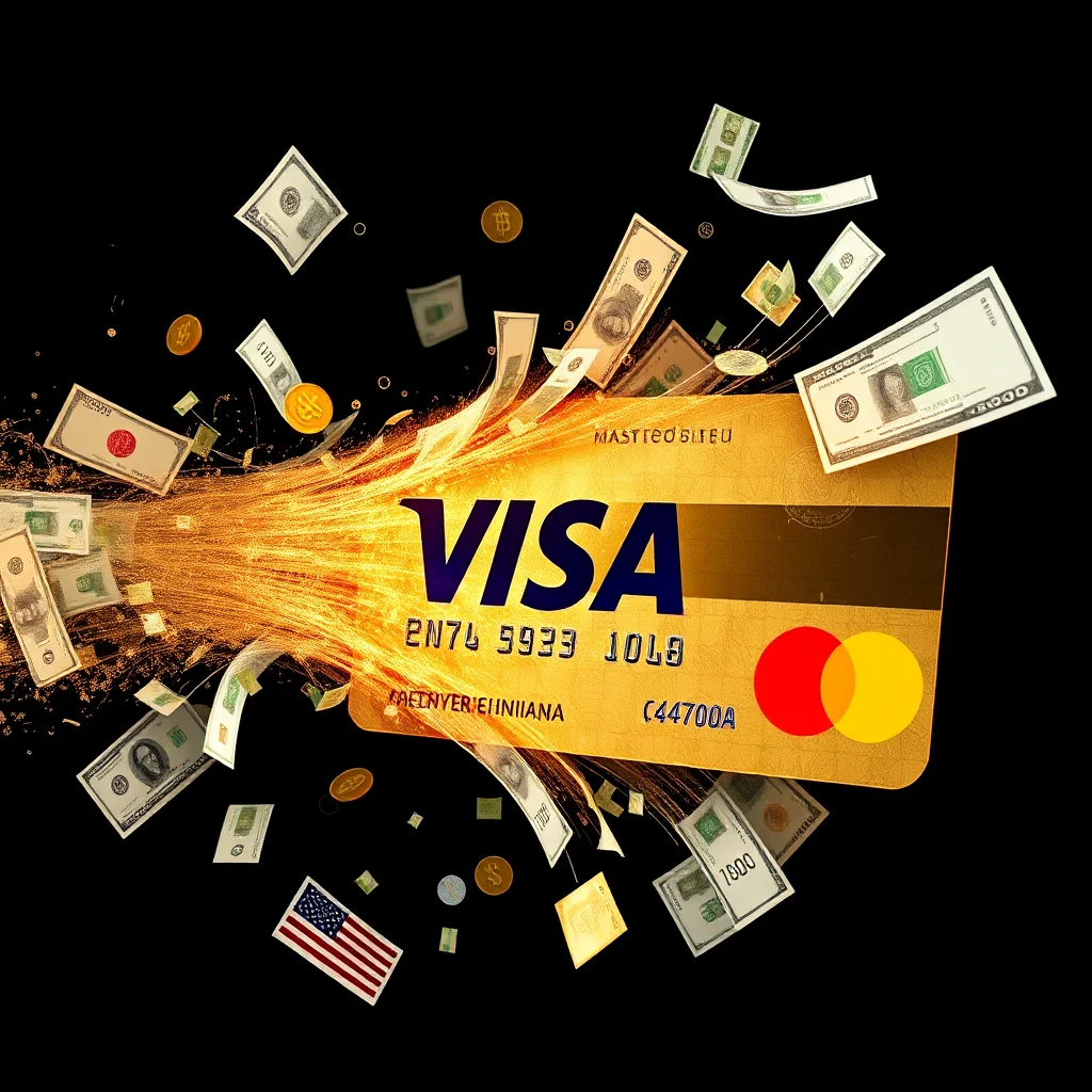 A gold Visa credit card is at the center of the image, with sparks of gold erupting from it, surrounded by flying US dollar bills and coins against a black background.