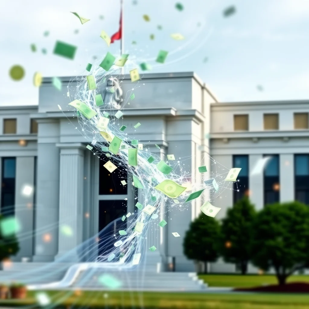 A white neoclassical building with a red flag at the top of a flagpole, set against a blue sky. The building has tall columns and large windows. In front of the building, there is a swirling vortex of light and green dollar bills, some of which are in focus and others are blurred. Trees and grass are visible in the foreground.