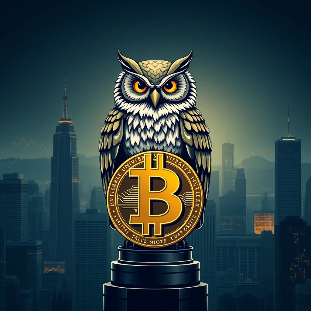 A stylized owl with bright orange eyes and detailed feathers sits on a pedestal in front of a cityscape at dusk. The owl is holding a large, golden Bitcoin symbol in front of its chest. The cityscape features tall skyscrapers, including a prominent one resembling the Empire State Building, and a faint stock market graph in the background.