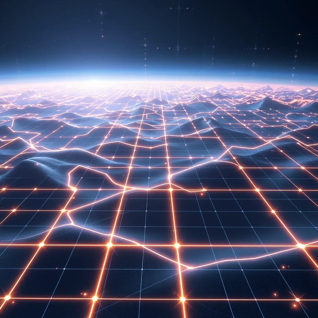 A digital landscape of glowing orange lines forming a grid over undulating blue terrain, disappearing into a bright horizon.