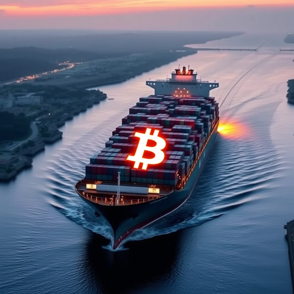 A cargo ship carrying containers is sailing through a canal at sunset, with a large, glowing Bitcoin logo illuminated on top of the containers.