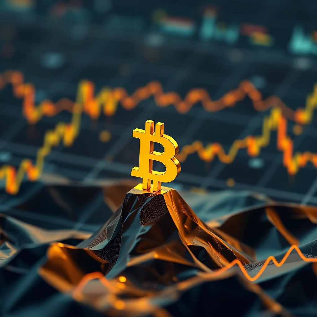 A golden Bitcoin symbol sits atop a crumpled, dark blue and gold textured surface, resembling a mountain range. In the background, a blurred financial chart displays orange and yellow lines, indicating market fluctuations.