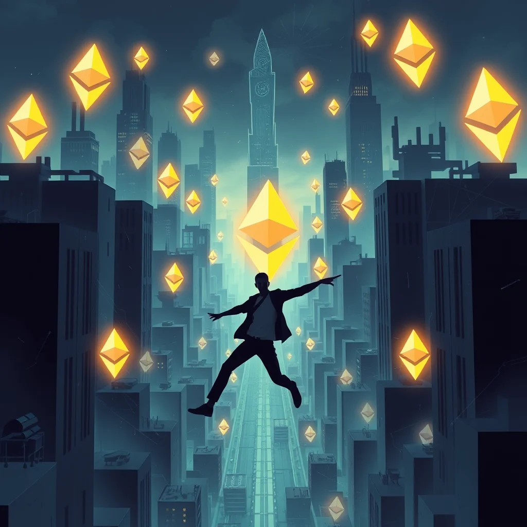 A silhouette of a person in mid-air, arms outstretched, jumping between buildings in a futuristic city. Numerous glowing Ethereum symbols are scattered throughout the cityscape, some in the foreground and some in the distance. The overall scene is dark and atmospheric, with tall, modern skyscrapers dominating the background and a sense of digital or cryptocurrency-themed energy.