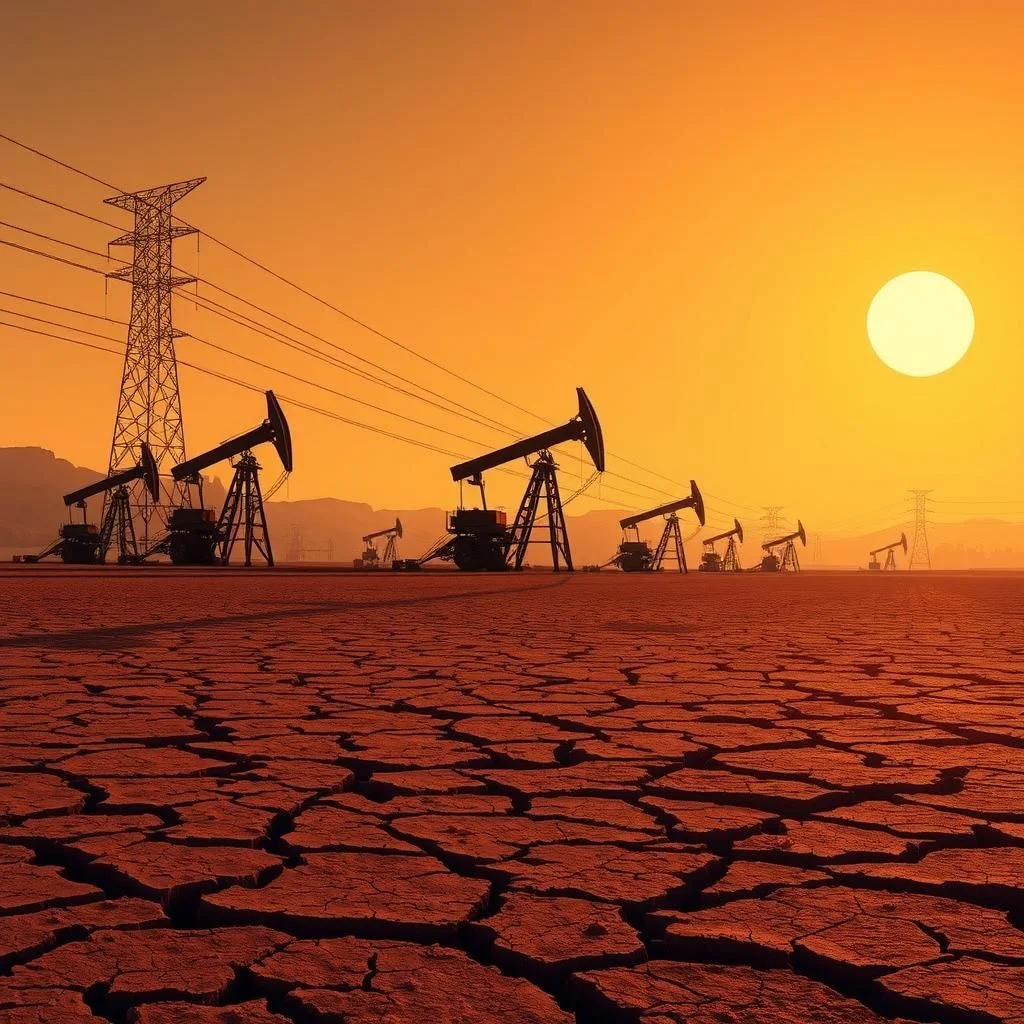 An oil field with multiple pumpjacks silhouetted against a vibrant orange sunset. The foreground shows cracked, dry earth, suggesting arid conditions. Power lines and a tall transmission tower are visible in the background, connecting the oil rigs. The sun is a bright, hazy orb in the upper right corner of the frame.