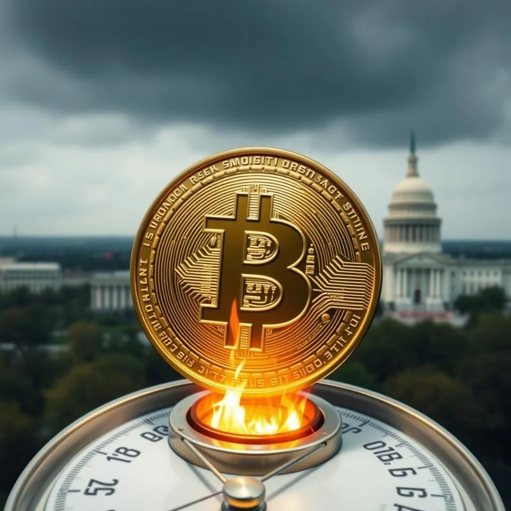 A close-up of a gold Bitcoin coin burning with flames, placed on top of a clock face, with the U.S. Capitol building in the background under a cloudy sky.