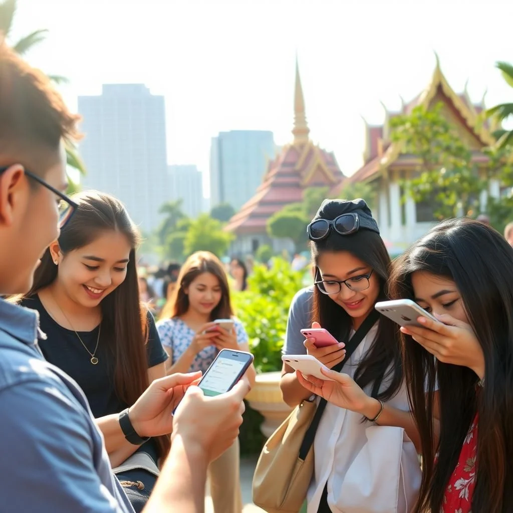 A group of young people are looking at their phones with smiles on their faces, with a Buddhist temple in the background.