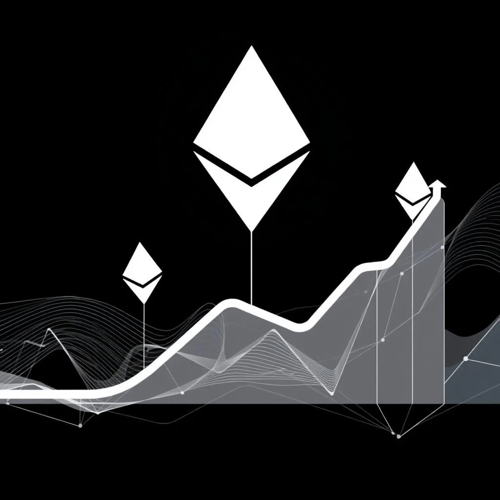 An abstract illustration on a black background showing an upward trending graph with three Ethereum logos placed at different points on the graph. The graph is depicted with a thick white line, overlaid with a delicate, wavy grey pattern and scattered white dots.