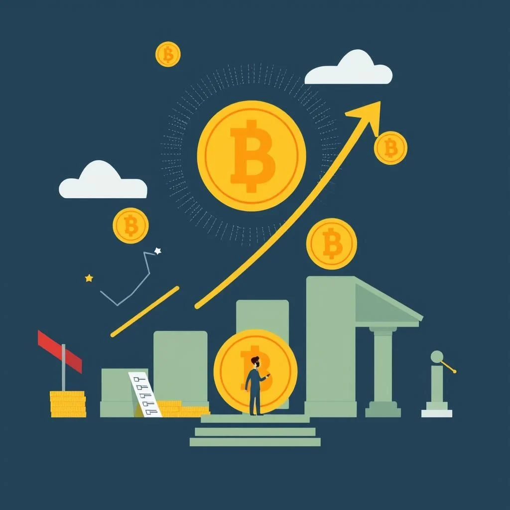 An illustration depicting the rise of Bitcoin, with a chart showing upward trend, large Bitcoin coins, clouds, and a small figure observing the progress.