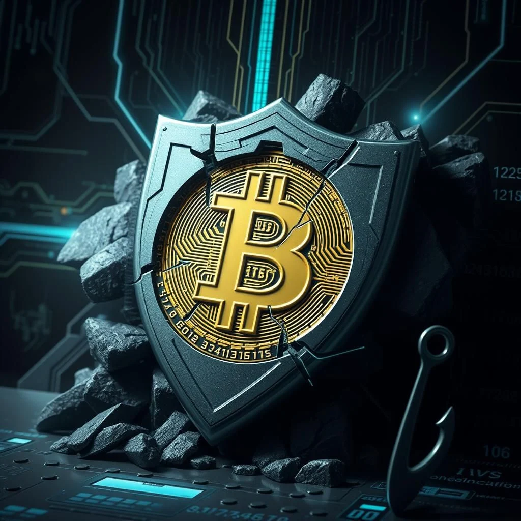 A digital shield with a cracked Bitcoin symbol inside is surrounded by rocks, with a fishing hook in the foreground and a circuit board in the background.