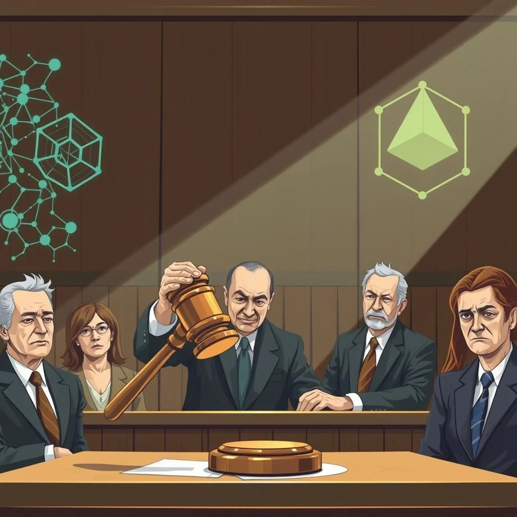 The image depicts a stylized courtroom scene with five individuals seated behind a wooden bench. The central figure, a man in a suit, holds a gavel aloft, appearing to be in the midst of a proceeding. To his left, a woman with glasses and another man with gray hair are seated. On the right, another man with gray hair and a woman with long brown hair are also present. The background features a wooden paneling with two abstract geometric designs: one on the left, a complex network of interconnected shapes in teal, and another on the right, a simpler green hexagonal structure. The scene is lit by a shaft of light illuminating the right side of the paneling and the people seated.