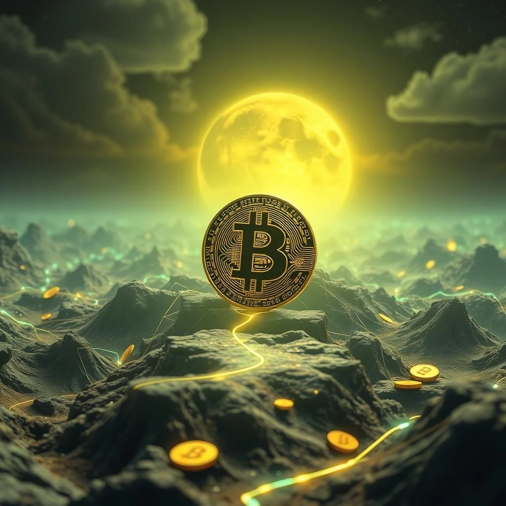 A golden bitcoin sits on a rocky, mountainous terrain under a bright yellow moon and a cloudy sky. Lines of light connect several smaller bitcoins scattered across the landscape.
