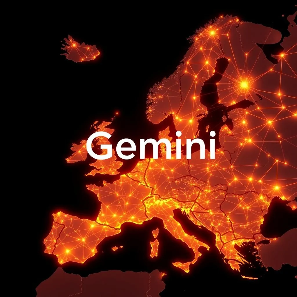 The word "Gemini" written in white text overlayed on a stylized map of Europe lit up with glowing orange lines and points representing cities and connections.