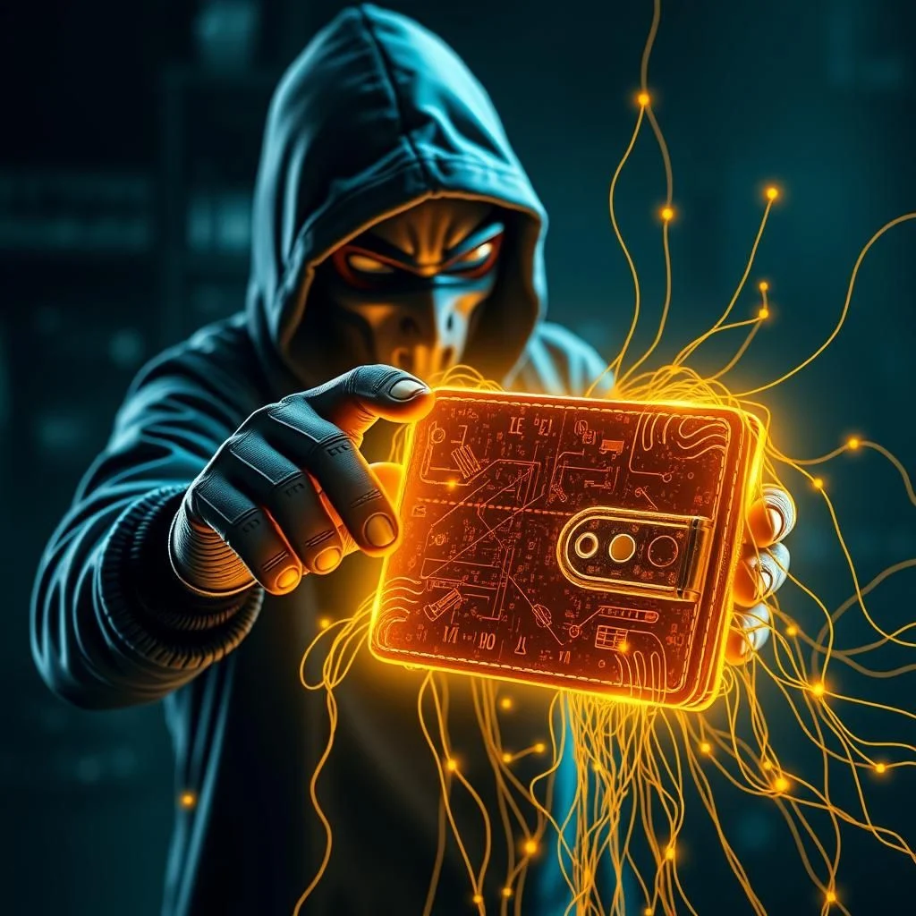 A person in a hoodie and mask, with glowing red eyes, holds a brightly glowing digital wallet in their gloved hands, surrounded by a web of glowing orange lines and dots.