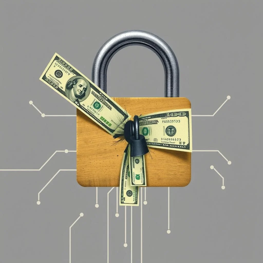 A close-up shot of a golden padlock with a silver shackle, securing several US hundred dollar bills. The bills are wrapped around the padlock's body and hang loosely from the lock. The padlock is attached to a wooden block, and thin white lines branch out from the block and the padlock, resembling a circuit board design. The background is a plain grey.
