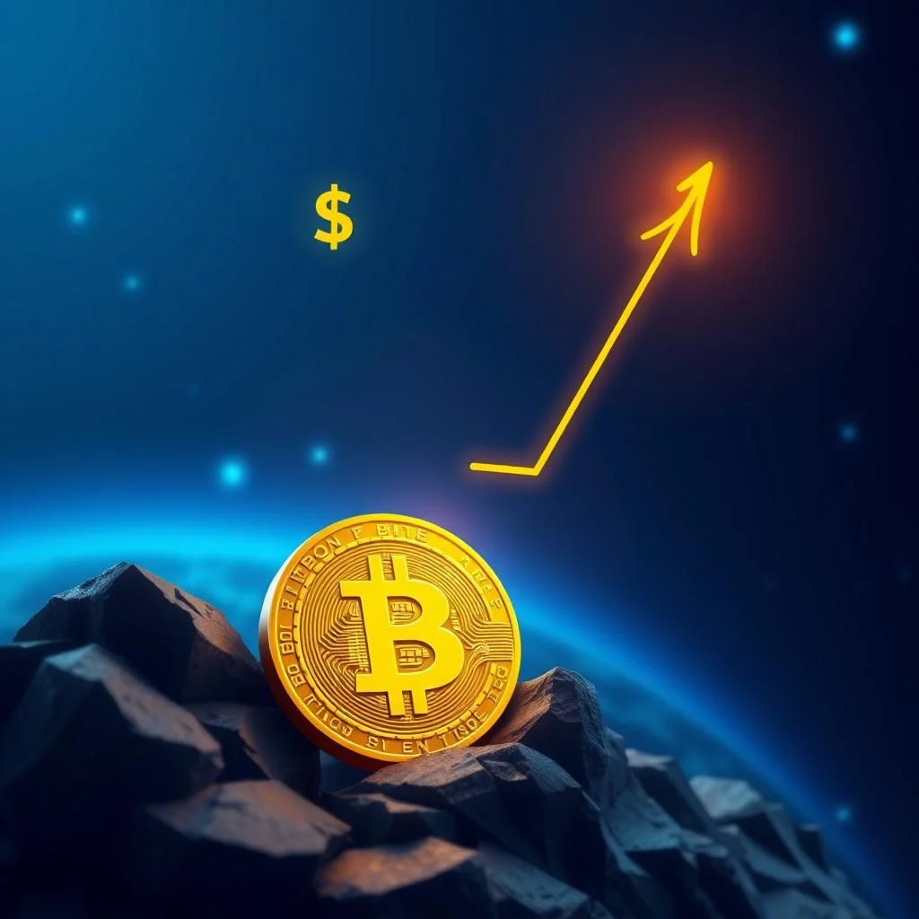 A golden Bitcoin coin sits on dark rocks, with a golden dollar sign and an upward trending arrow against a blue, starry background with a glowing blue haze.