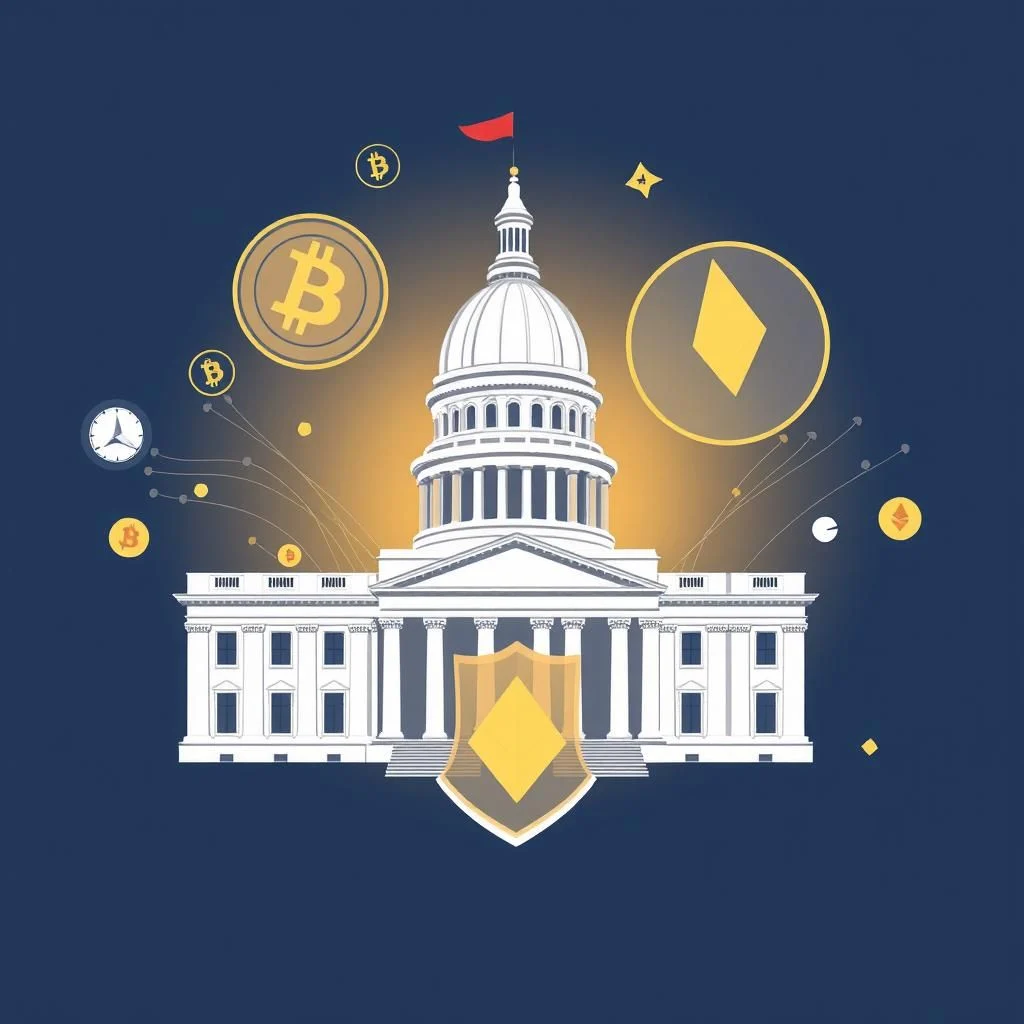 A white building with a dome, resembling the U.S. Capitol building, is centered against a dark blue background. Several cryptocurrency symbols, including Bitcoin (B) and Ethereum (diamond shape), are scattered around the building, some connected by lines and dots. A red flag flies from the top of the dome.