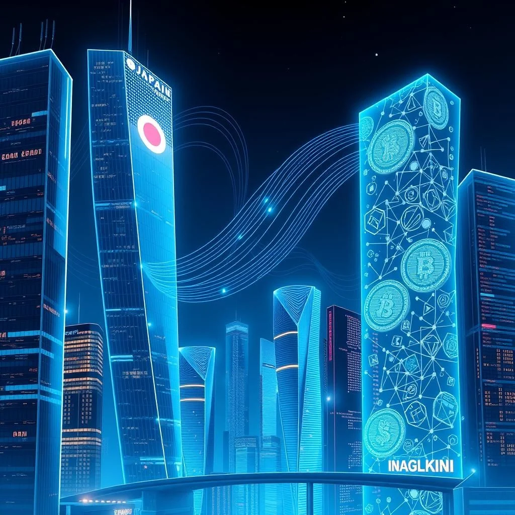 A futuristic cityscape at night, with tall, glowing blue skyscrapers and digital representations of cryptocurrency symbols projected onto some of the buildings.