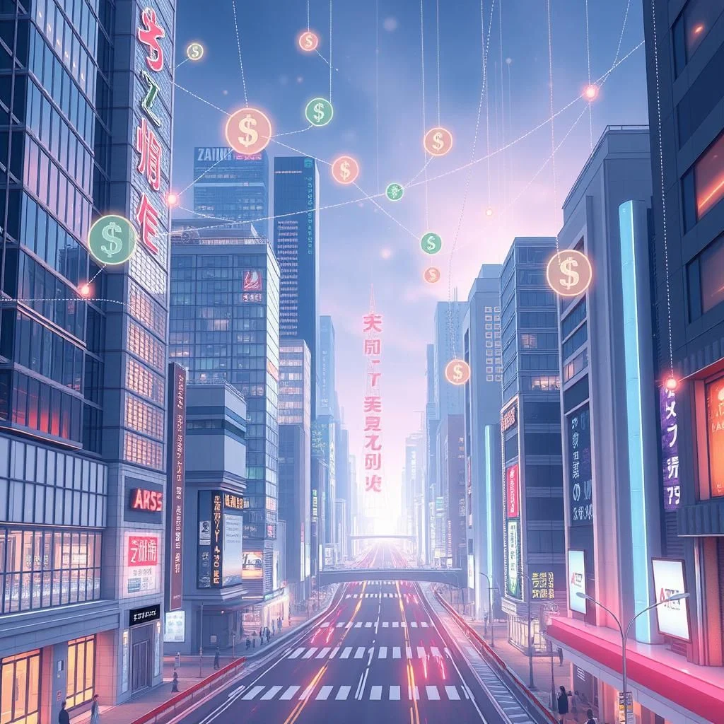 A nighttime view of a futuristic, neon-lit cityscape with towering skyscrapers and a wide, empty road leading into the distance, all under a hazy pink and blue sky with floating dollar signs connected by lines.