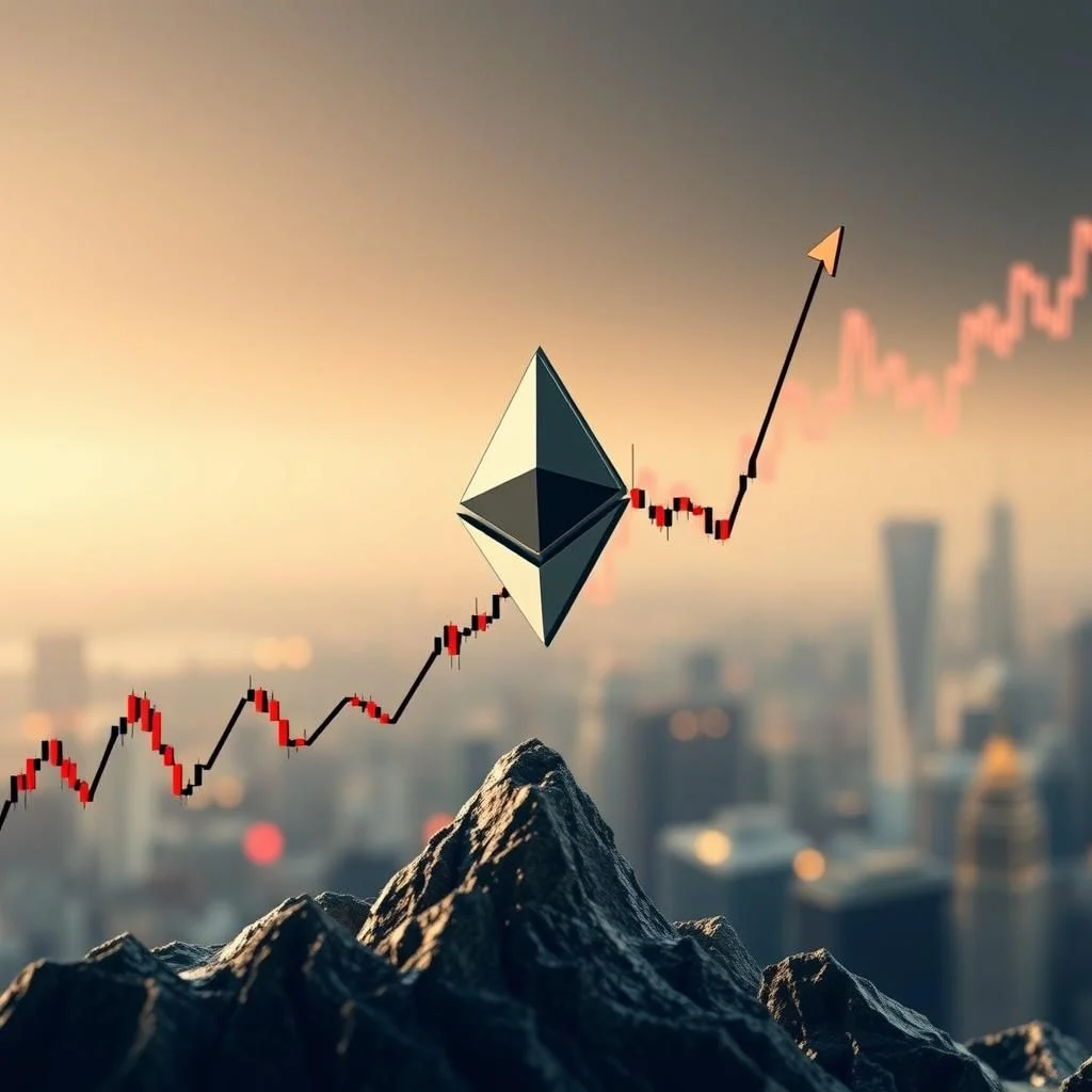 A 3D render of the Ethereum logo rising above jagged rocks in front of a hazy city skyline, superimposed with a red and black stock market candlestick chart that shows a sharp upward trend.