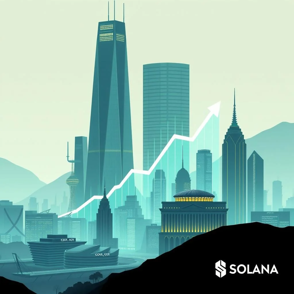 An artistic illustration of a city skyline with a prominent rising arrow graph superimposed over various modern and classic skyscrapers.